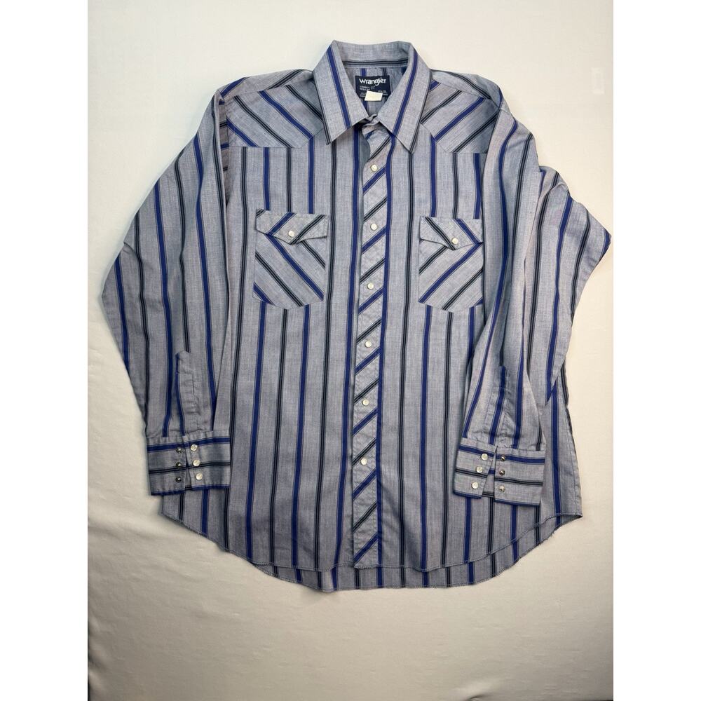 Wrangler Shirt Mens Large Gray Blue Western Pearl Snap Light Weight Rodeo Xl